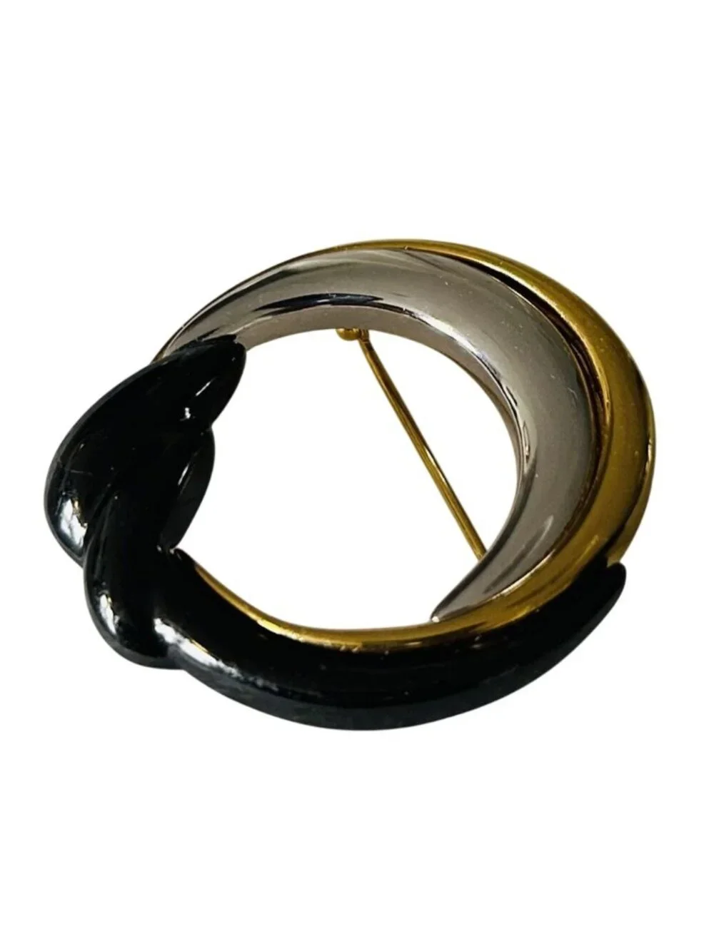 Vintage Monet Signed Modernist Tri-Tone Swirl Brooch Black Enamel Gold Silver